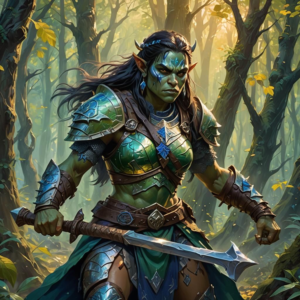 Female Orc Barbarian in Mystical Forest, as Oil Painting