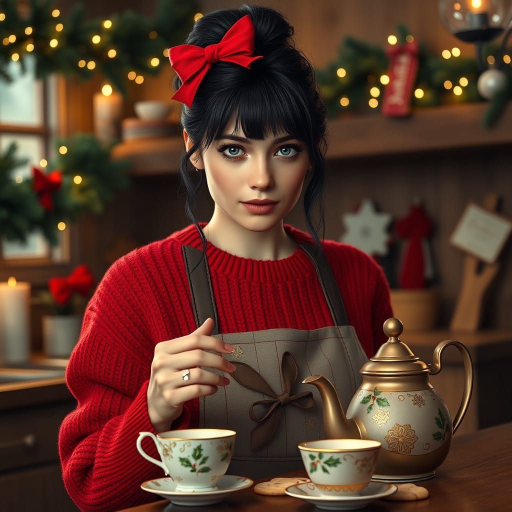 Woman in Festive Holiday Attire Prepares Christmas Treats in...