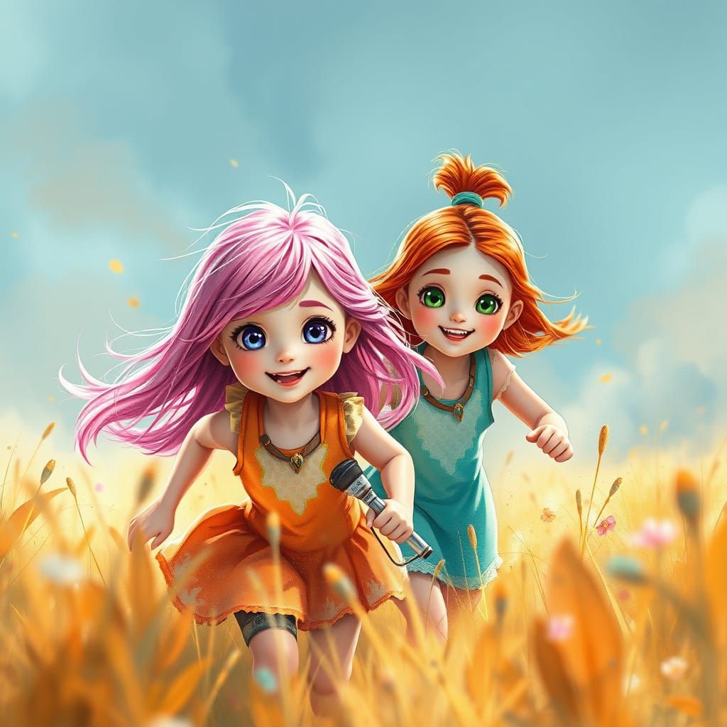Pink and Red Haired Girls Running in Watercolor Field