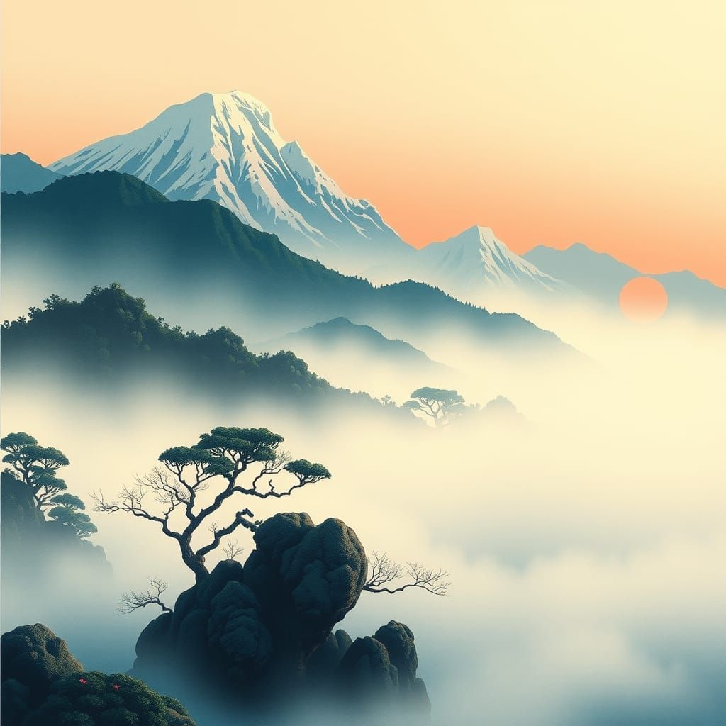 Japanese Landscape in Ukiyo-e Style