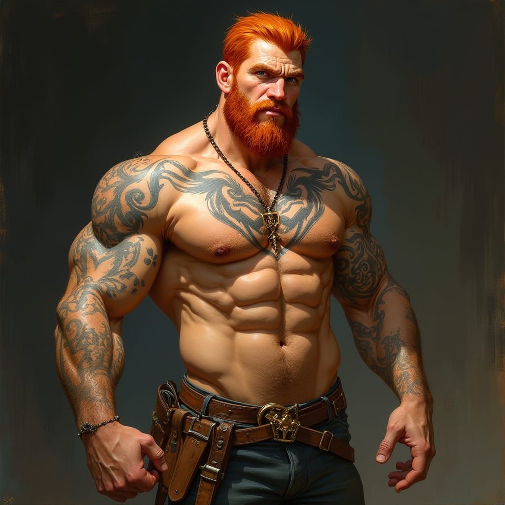 read headed broad chested hairy male with a treasure trail and tattoos shirtless