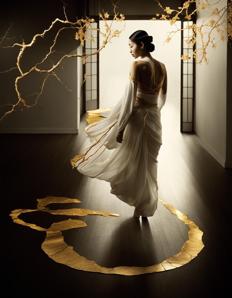 A symbolic representation of the Japanese art of Kintsugi but applied to the human soul. Portray a photograph-like image...