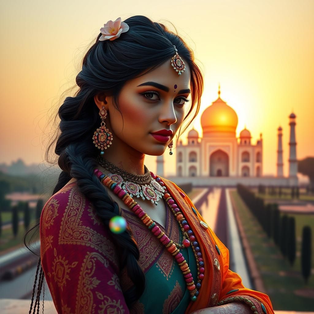 Regal Indian Woman with Henna and Taj Mahal Sunset