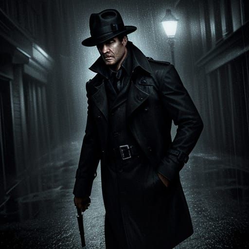 Gritty Film Noir Detective in a Rainy Night Scene