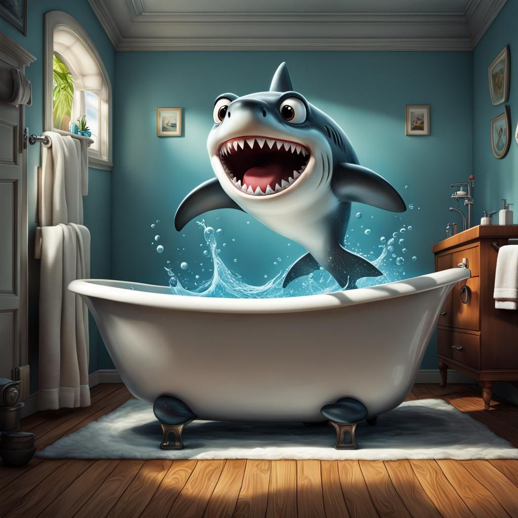 Surprised Man and Whimsical Shark in Bathtub