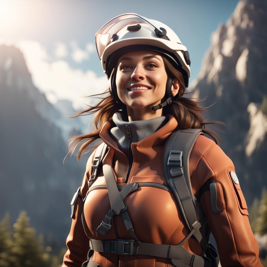Brunette Woman Smiles Atop Mountain in 3D Game Art