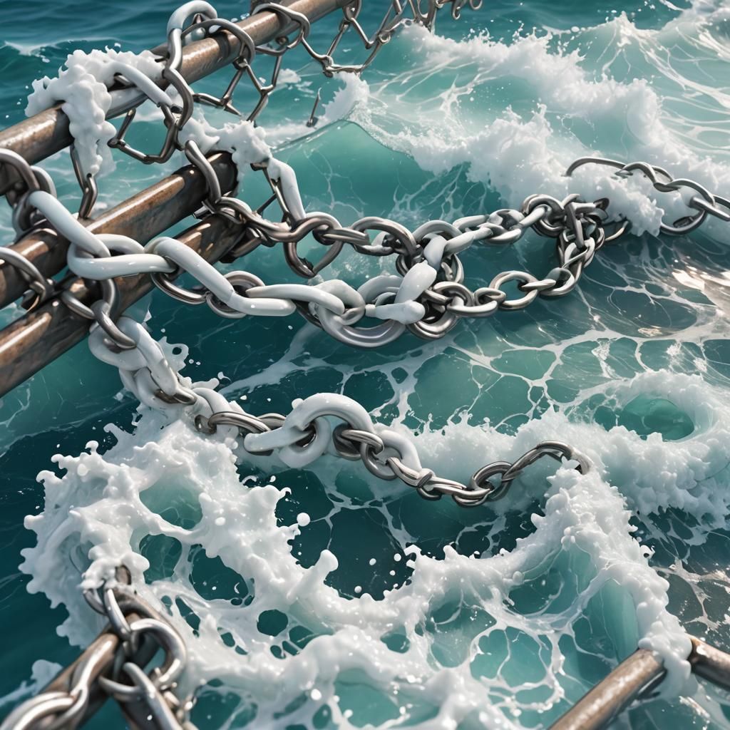 Mangled Chain Link Fence Meets Ocean, 3D Anime Art