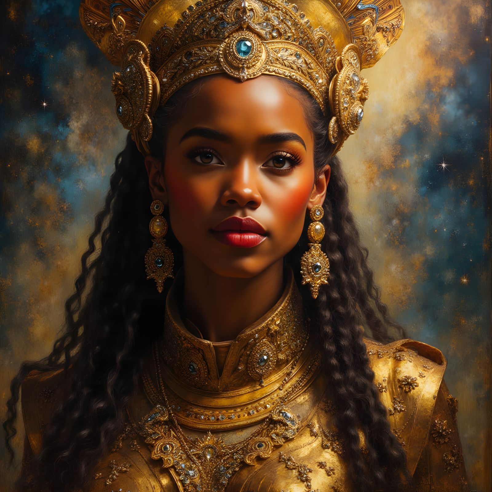 African Goddess Queen Portrait in Celestial Style