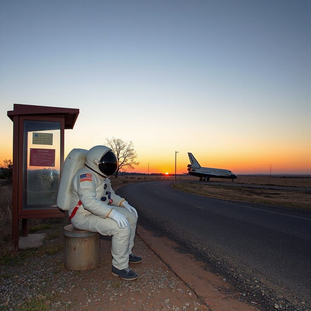 Cosmic Traveler Waits for the Rural Bus at Sunset