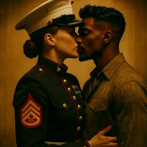 Romantic Kiss Between Marine and Exotic Man, Retro Film Styl...
