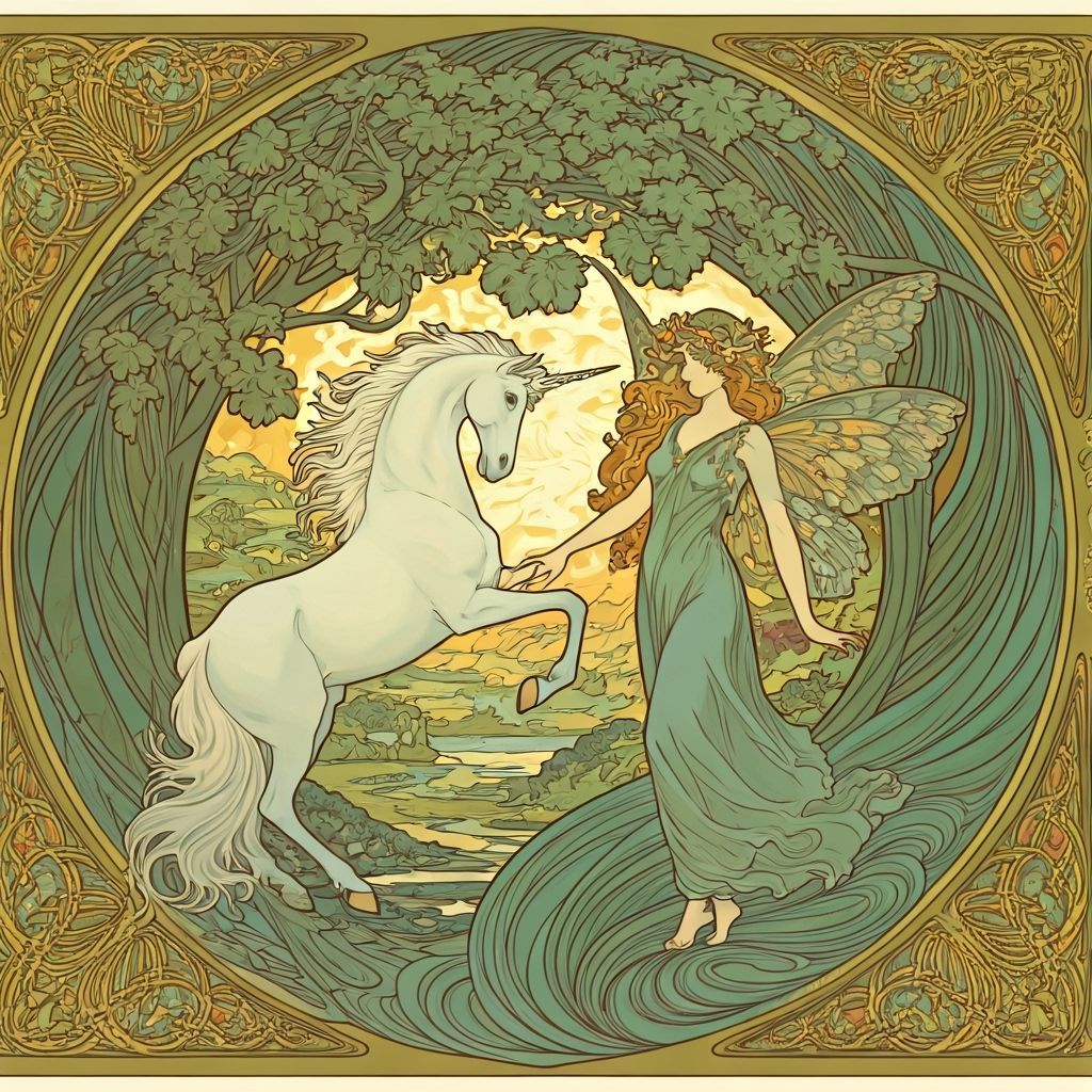 Faeries Dance with Dragons in Art Nouveau Style