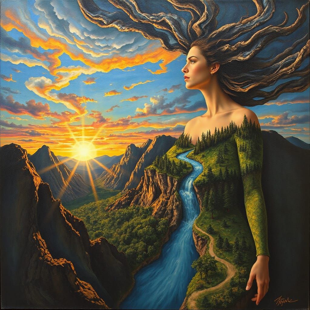 Surrealist Goddess Unites with Nature at Sunset