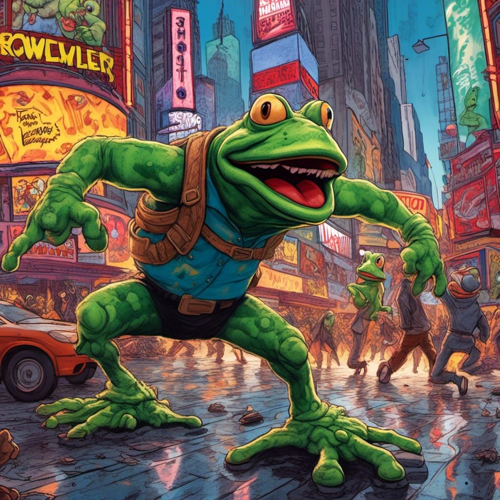 Giant Green Frog Destroys Times Square: Comic Book Art