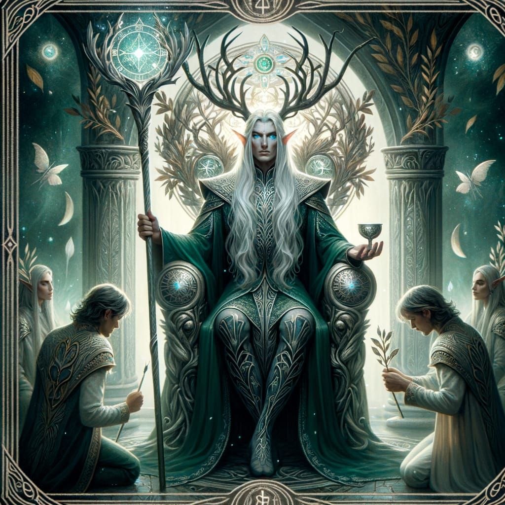 Ethereal Elven Hierophant on Throne of Leaves and Cosmic The...