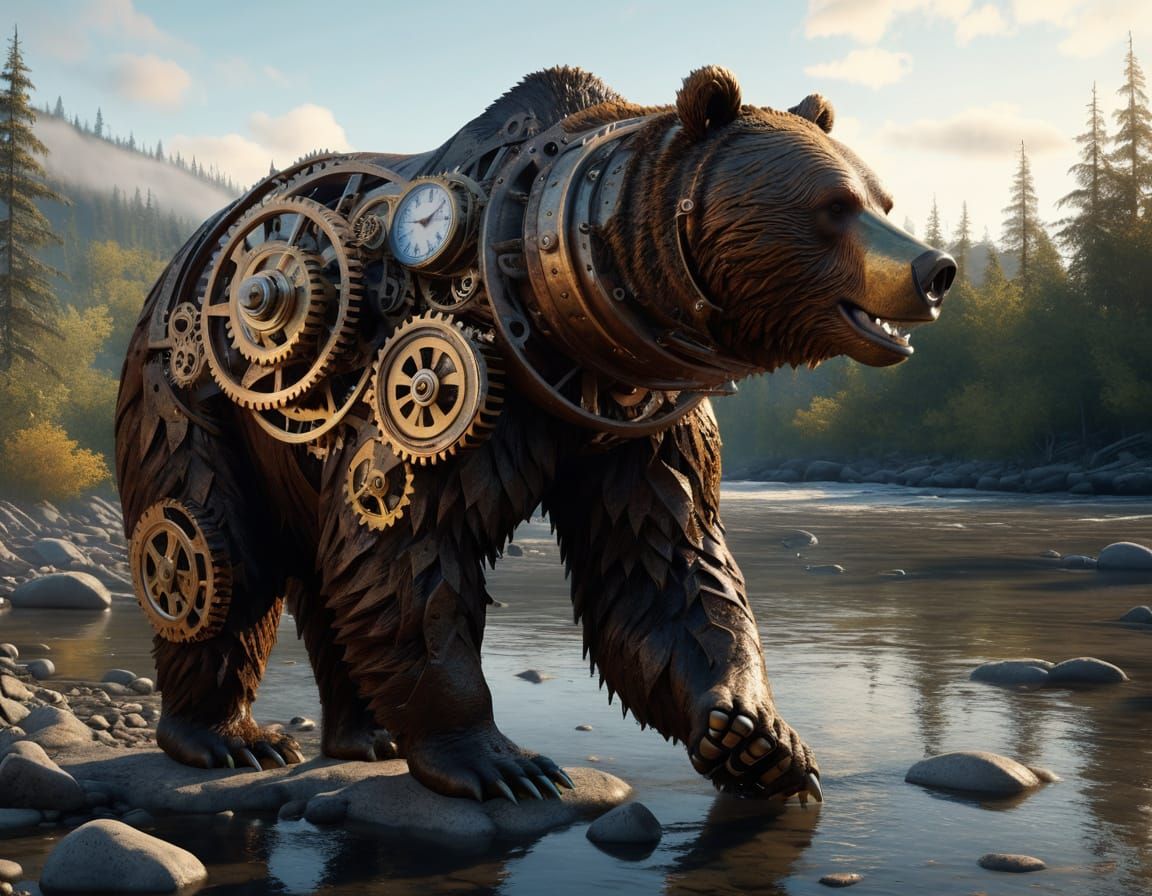 Steampunk Grizzly Bear near Klondike River at Dawn