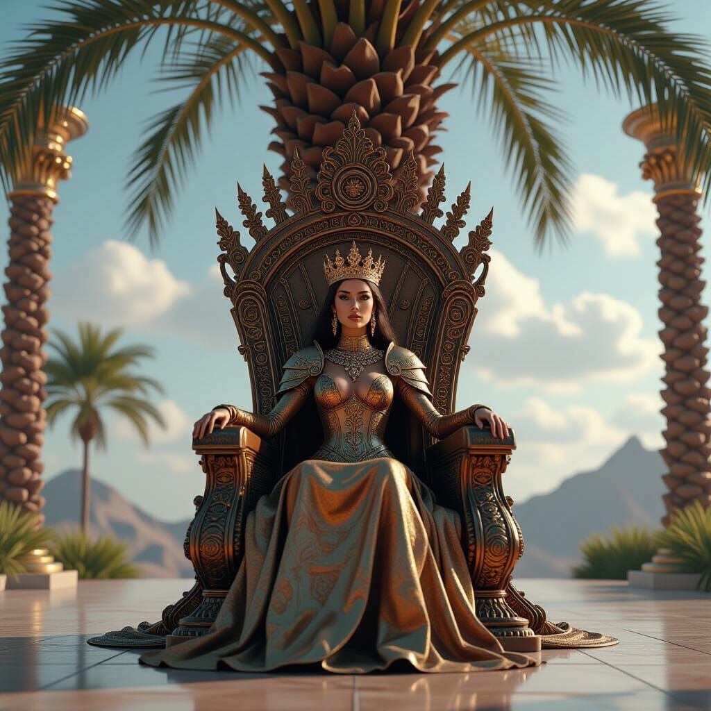Regal Queen on Ornate Date Palm Throne