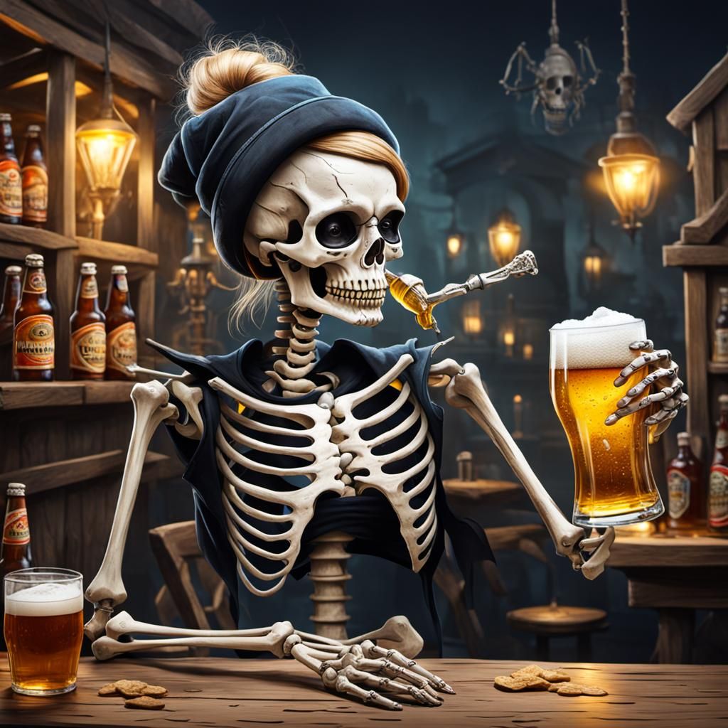 Sassy Skeleton Lady Enjoying a Beer