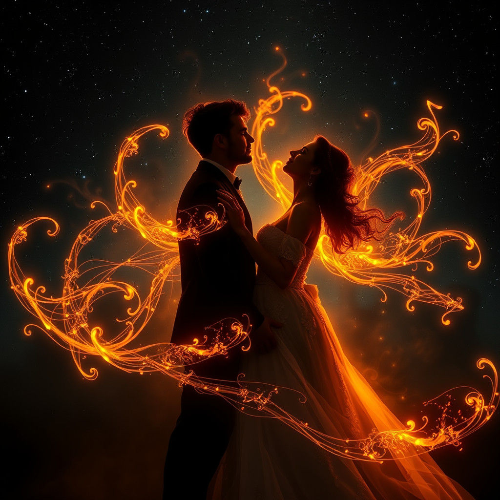 Lovers Silhouetted in Starry Night with Ethereal Flames
