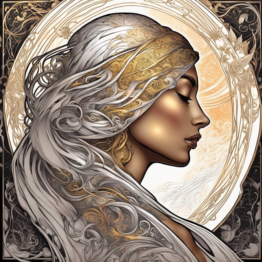 Divine Goddess in Flowing Silver, Elaborate Ink Illustration