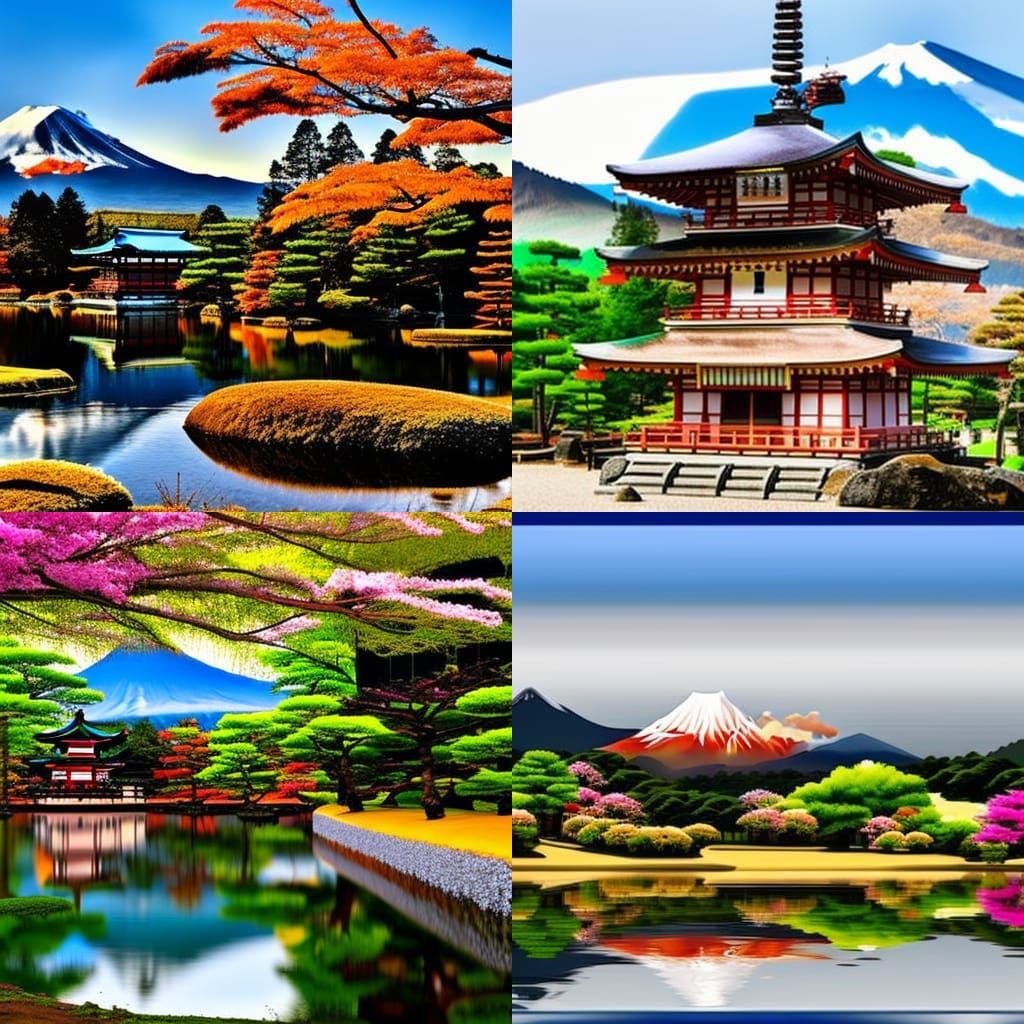 Japanese Temple with Mount Fuji, Realistic DSLR Photo