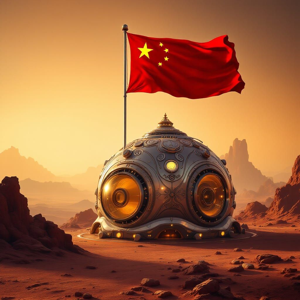 Chinese flag on a futuristic martian base, 8K resolution war...