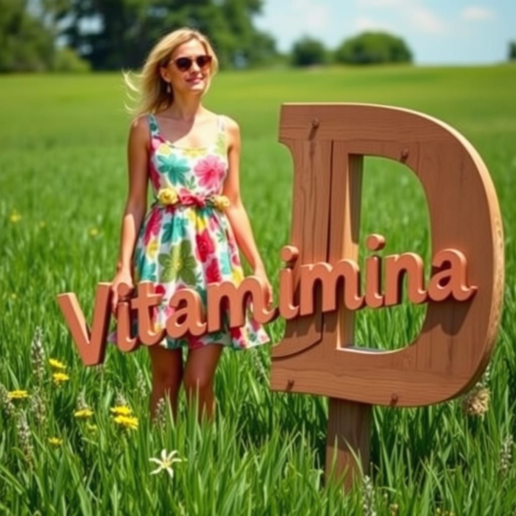 Woman in Sunny Field with Vitamina D Sign