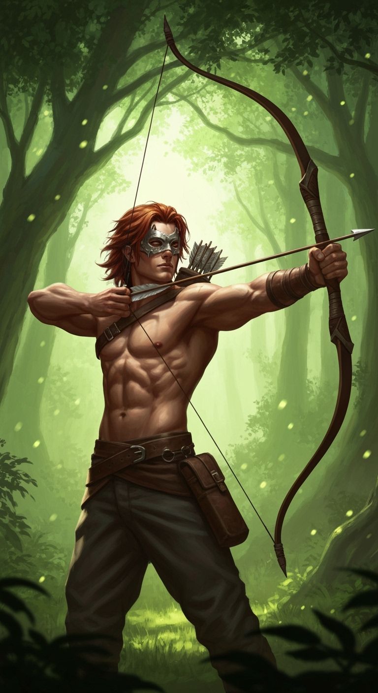 Muscular Auburn Archer Aims Bow in Sun-Dappled Forest
