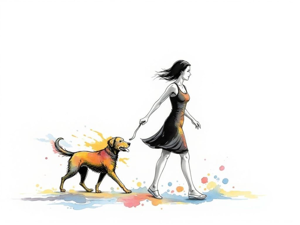 Woman Walking Dog in Watercolor Ink Sketch Style