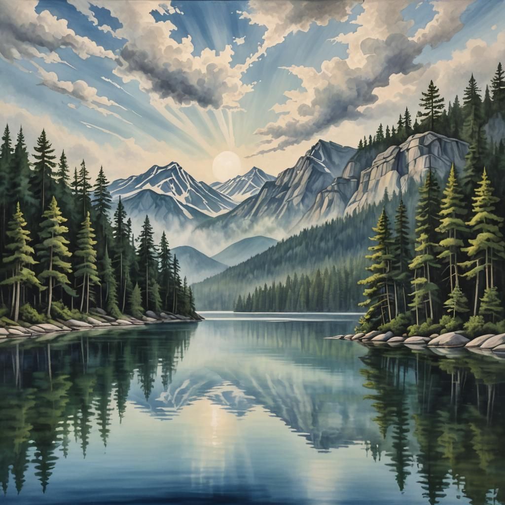 Ethereal Mountain Lake Landscape in O'Keeffe Style