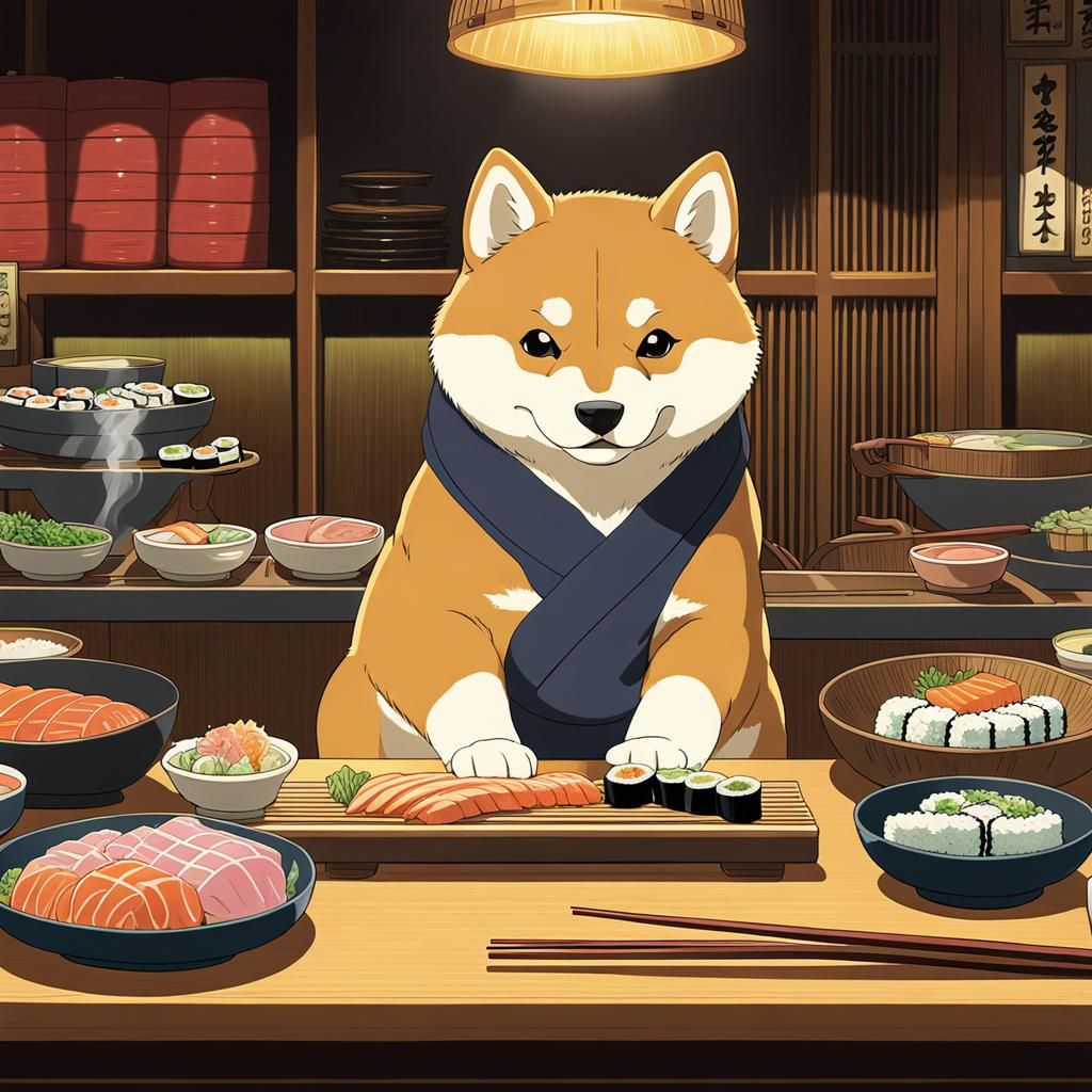Shiba, making sushi, at sushi bar