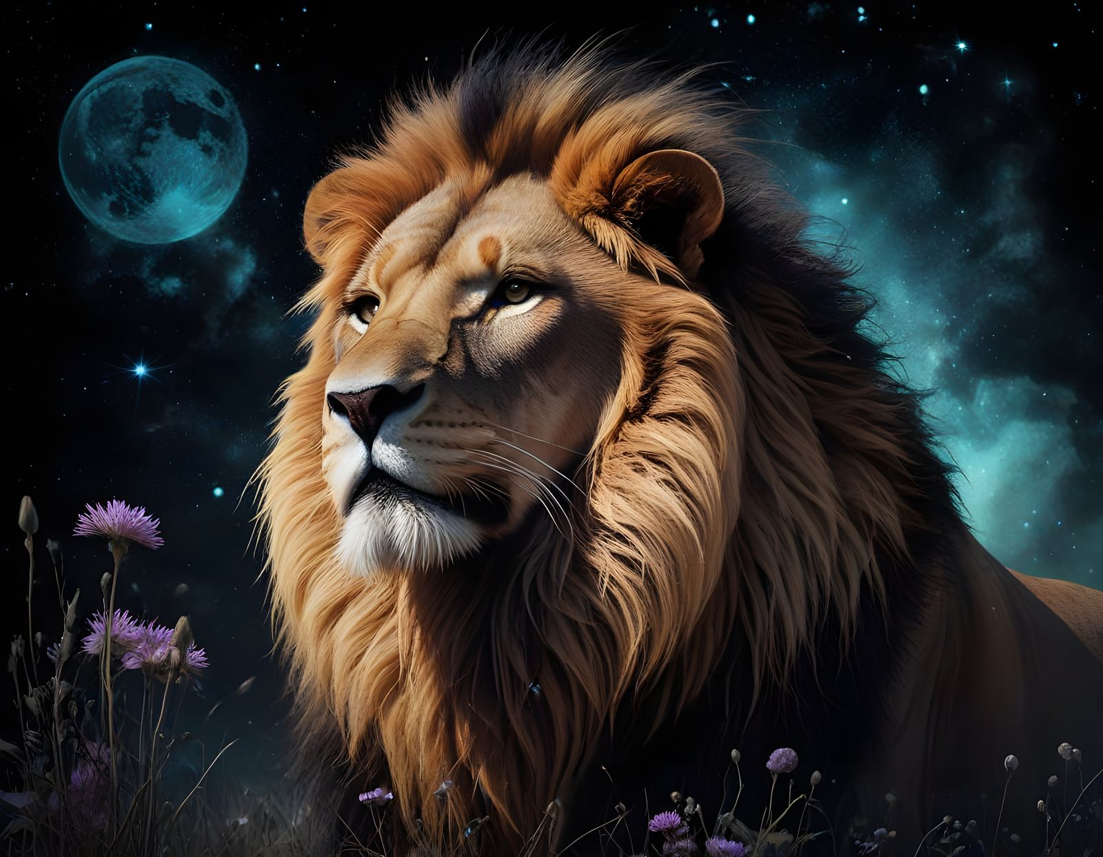 Lion with Starlight Mane in Bioluminescent Field