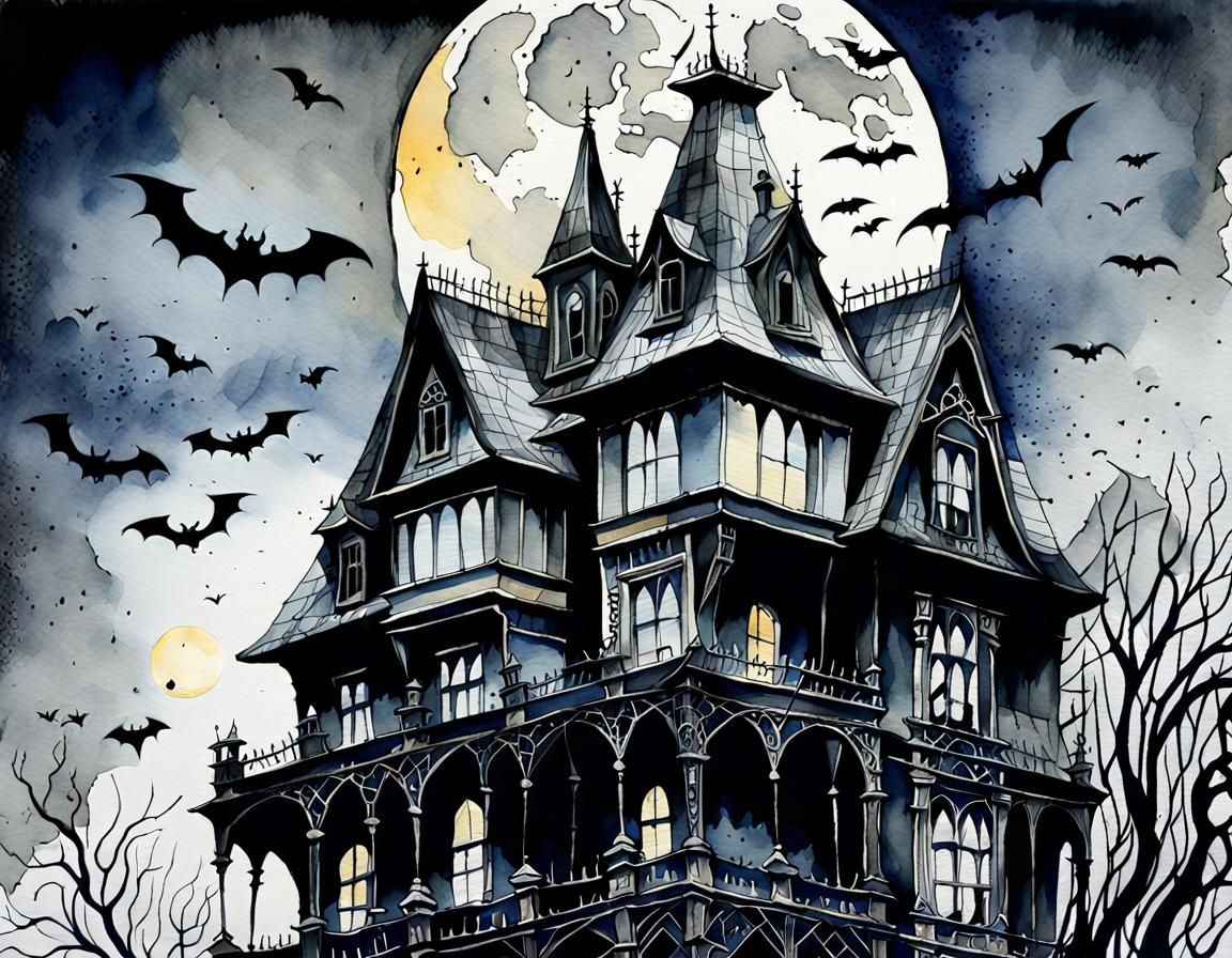 Gothic Watercolor House Illustration with Moon