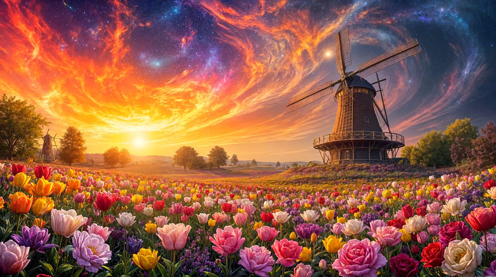 Fantasy Windmill and Tulip Garden at Sunset