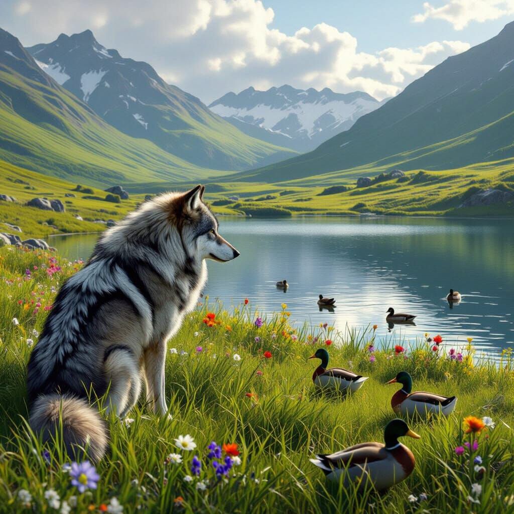 Majestic Wolf Overlooking Serene Lake, Hyperrealistic Render...