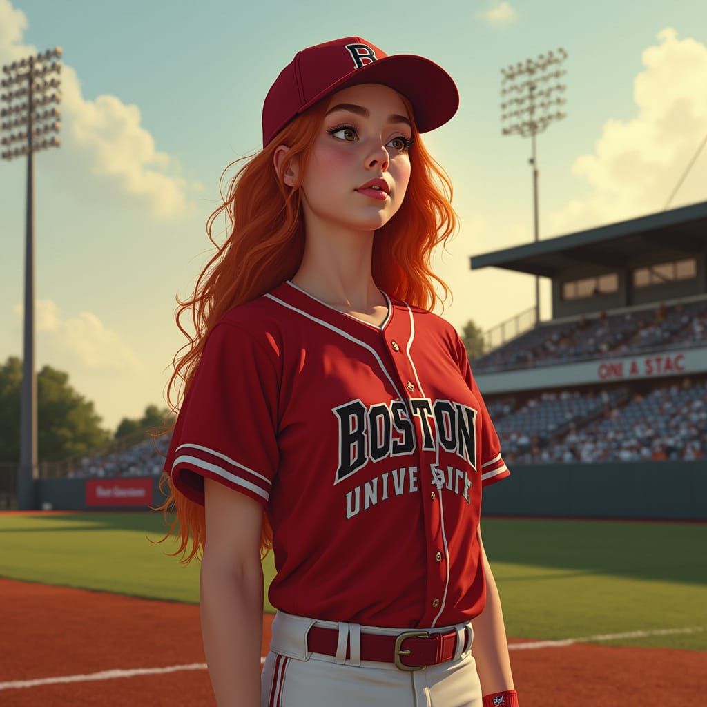 Red-Haired Woman in Baseball Uniform: Hyperrealistic Dusk Po...