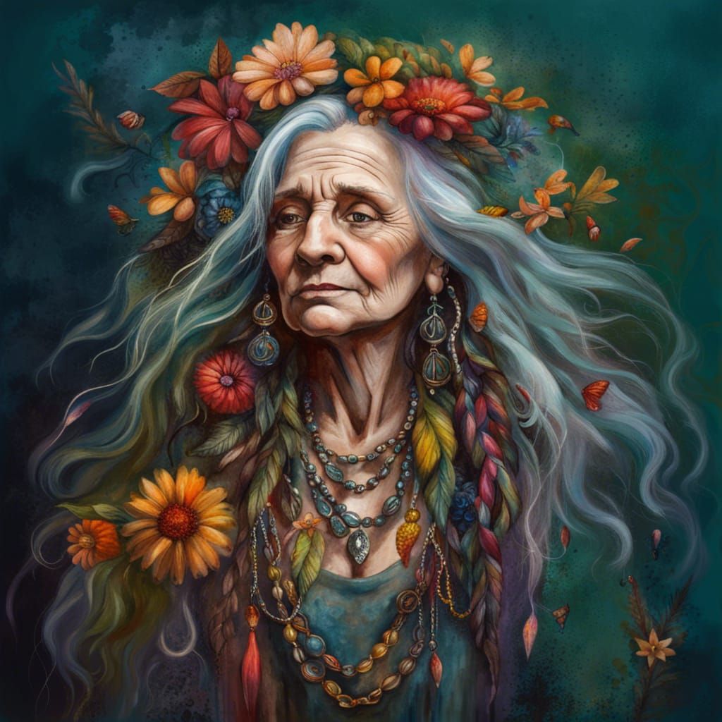Realistic Old Fairy Woman with Flower Necklace