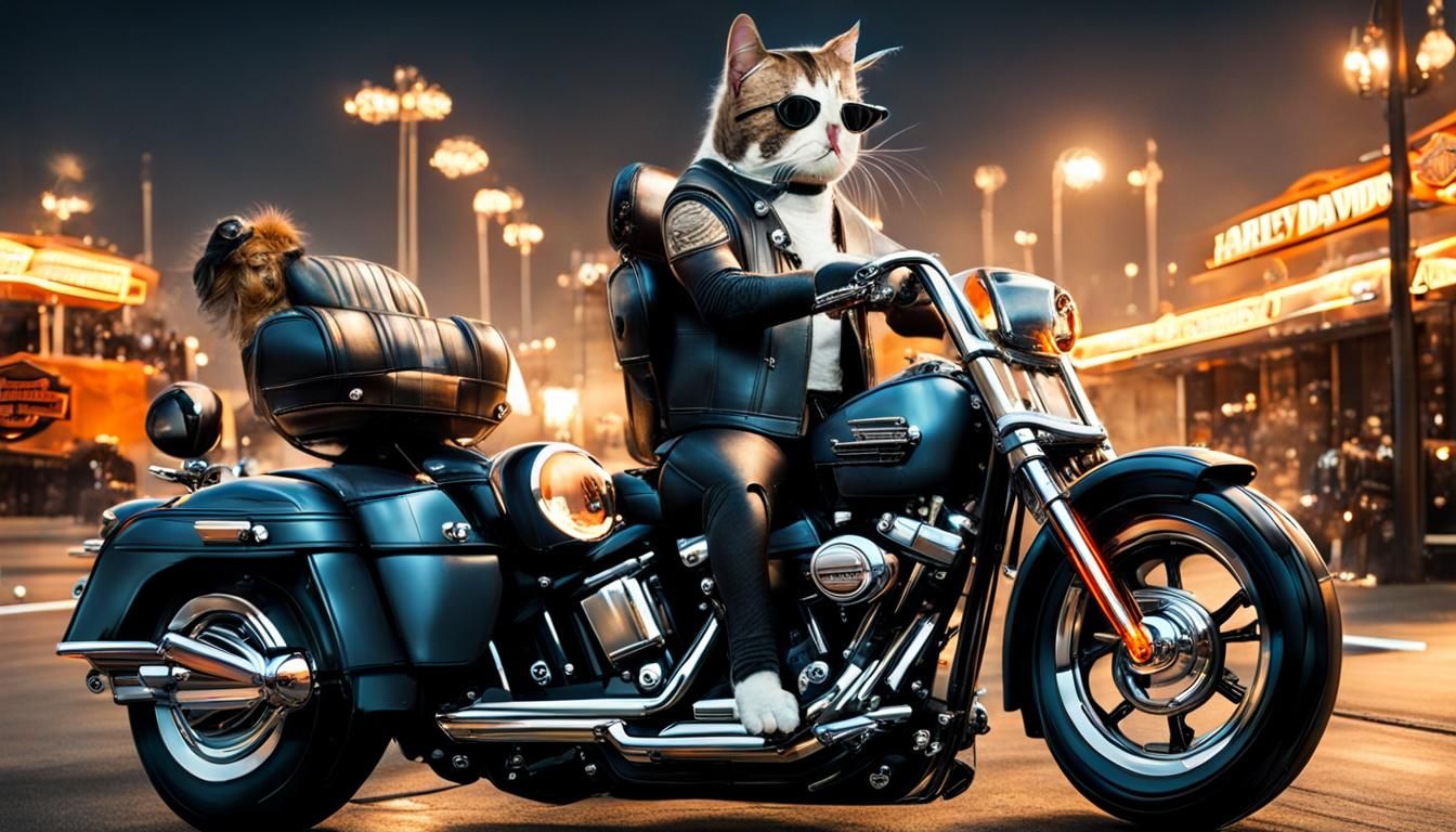 Cat Sits on Harley Davidson Motorcycle