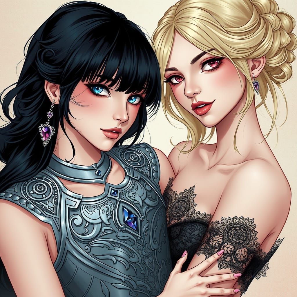 Two Women in Ethereal Embrace: A Digital Painting