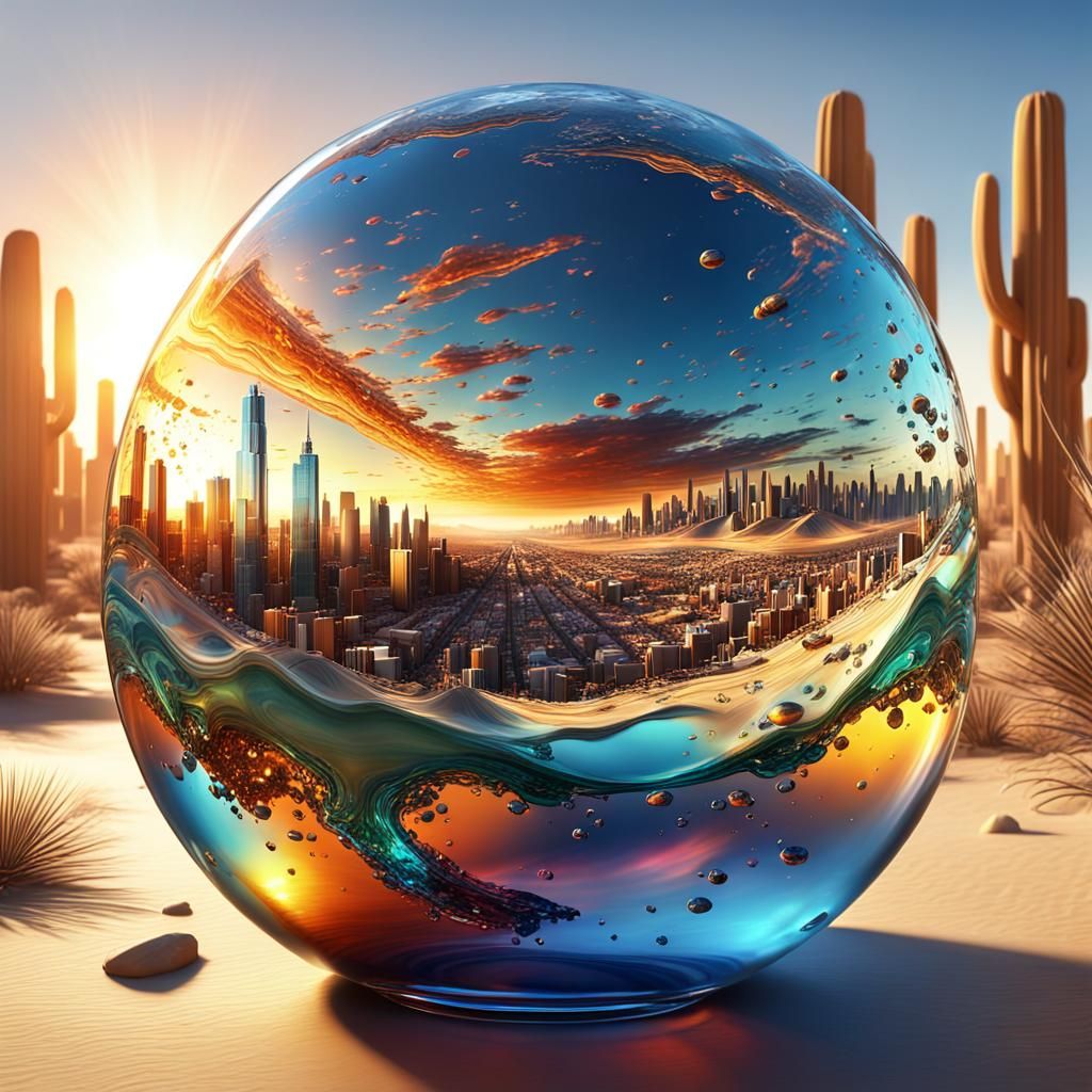 blown glass bustling city in a desert scene with sunset background