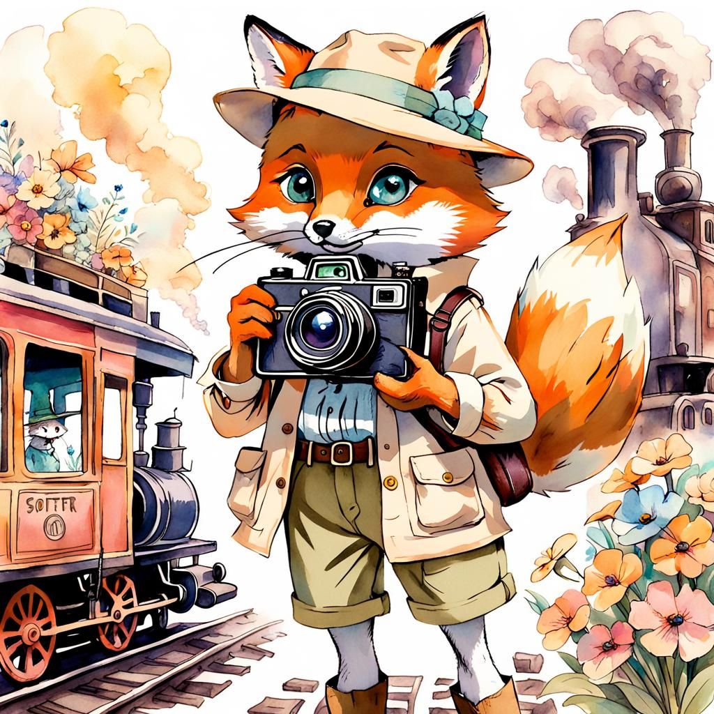 Fox Tourist in Watercolor Sketch Style