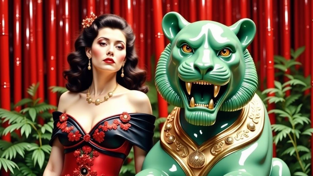 French Woman in Red Cheongsam Beside Emerald Tiger Sculpture