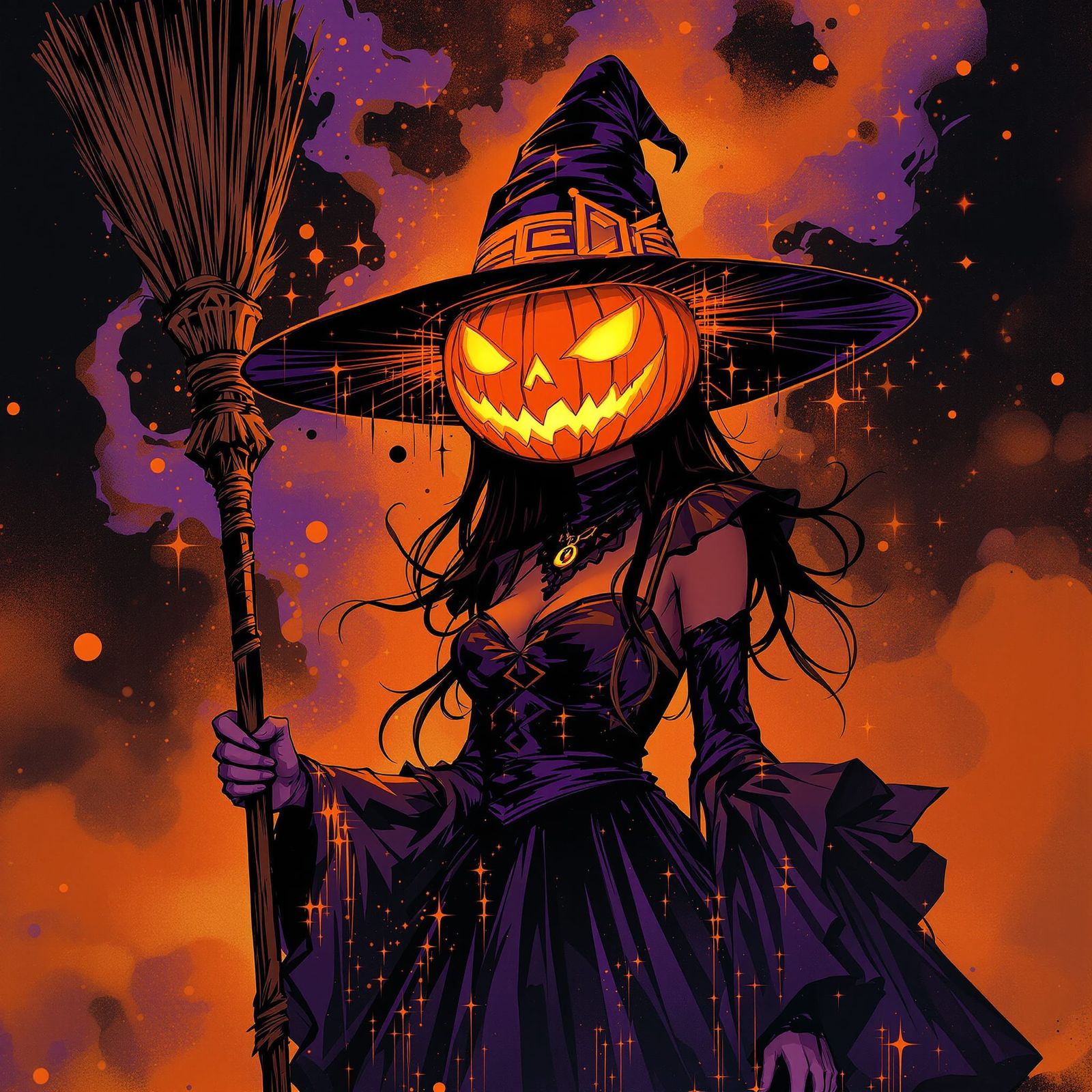 Anime Witch with Jack-o'-Lantern Head Holding Broom