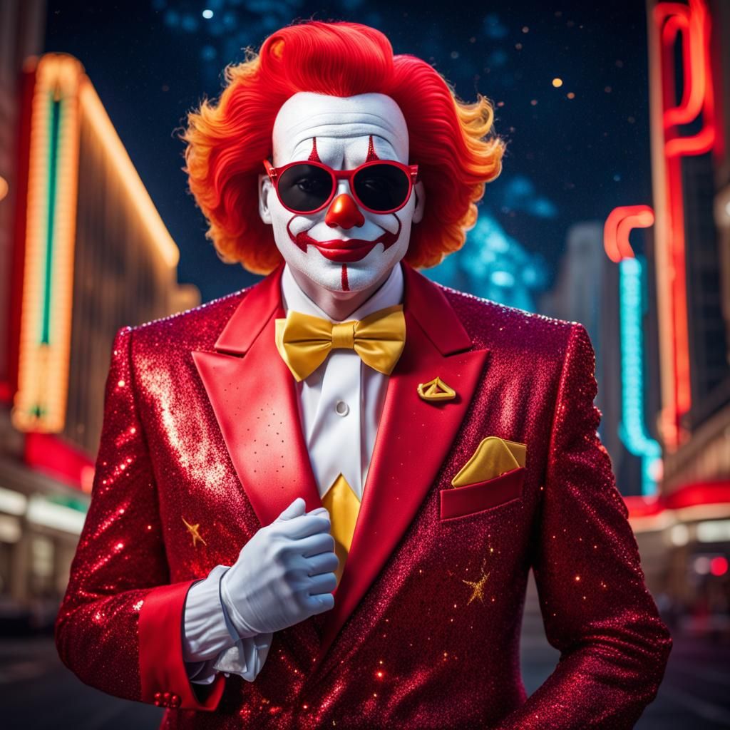 Hyperrealistic Ronald McDonald in Red Tuxedo with Starry Bac...