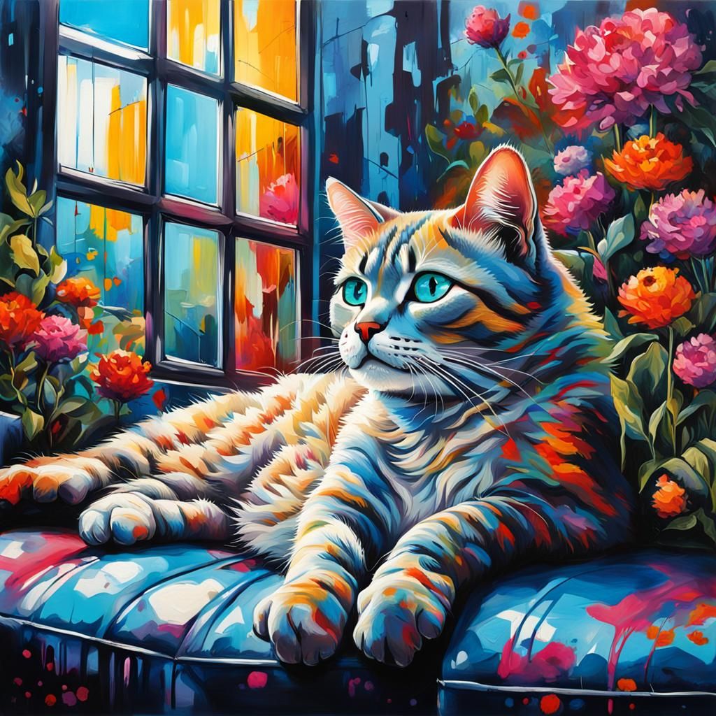 French Cat Lounging in Sunlit Graffiti Art Apartment