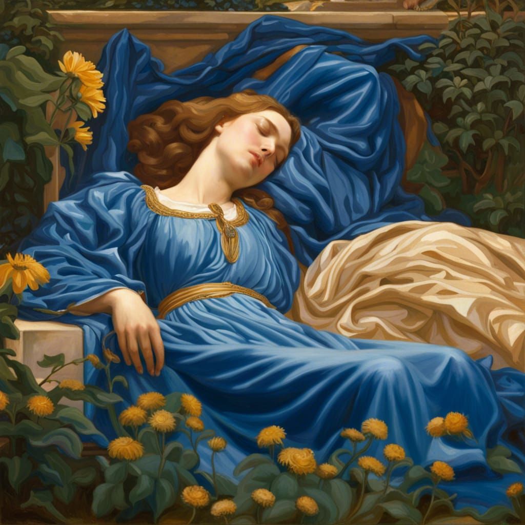 Sleeping Maiden in Garden, Pre-Raphaelite Style