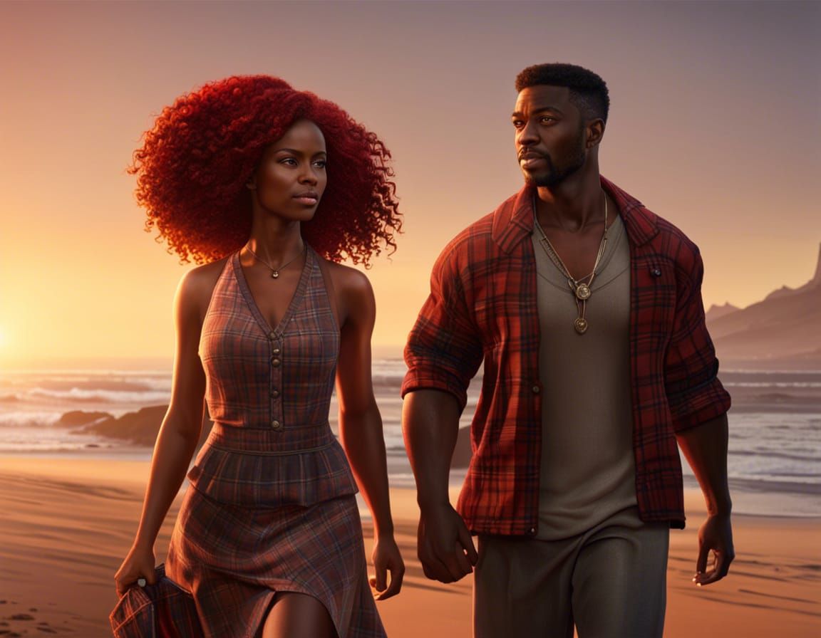 Couple's Beach Walk at Sunset: Hyperdetailed Digital Art