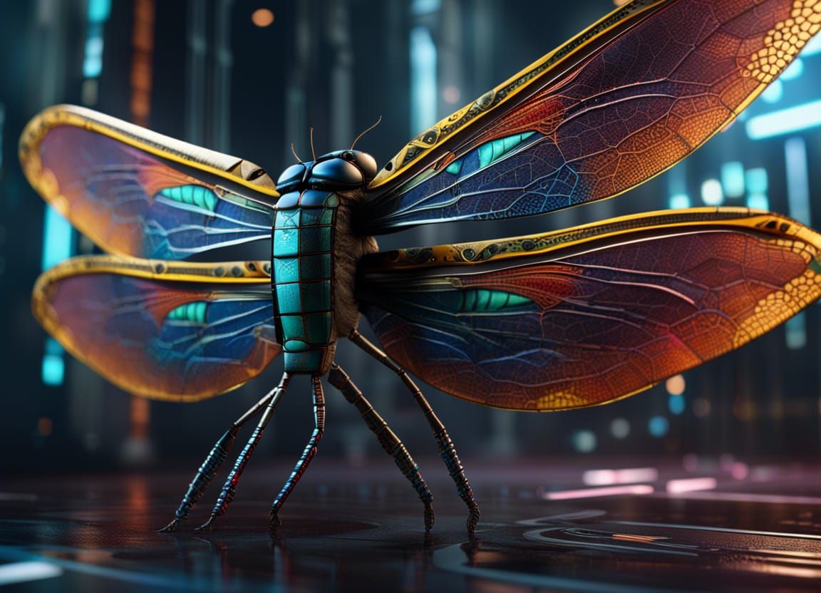 Cybernetic Dragonfly in Synthwave Neon Style