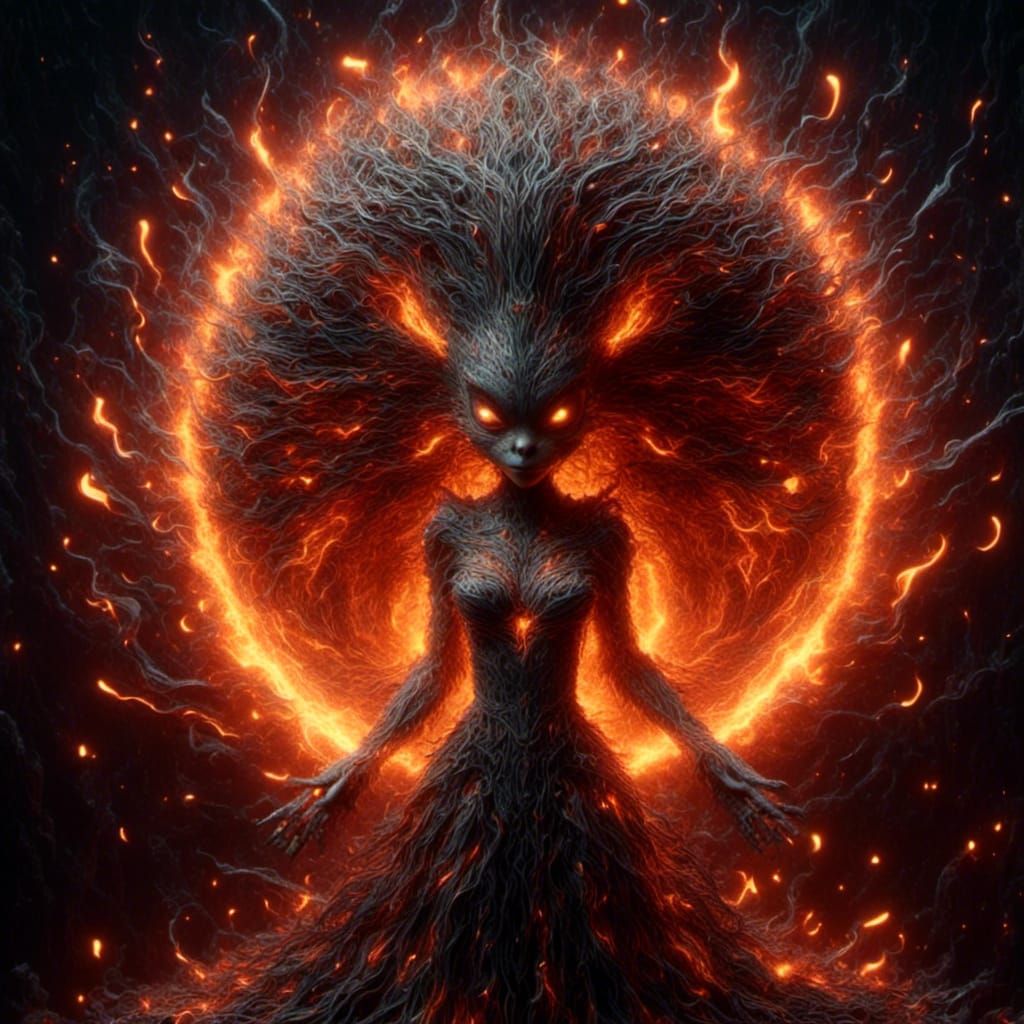 Dramatic Molten Metal Sorceress in Fiery Light