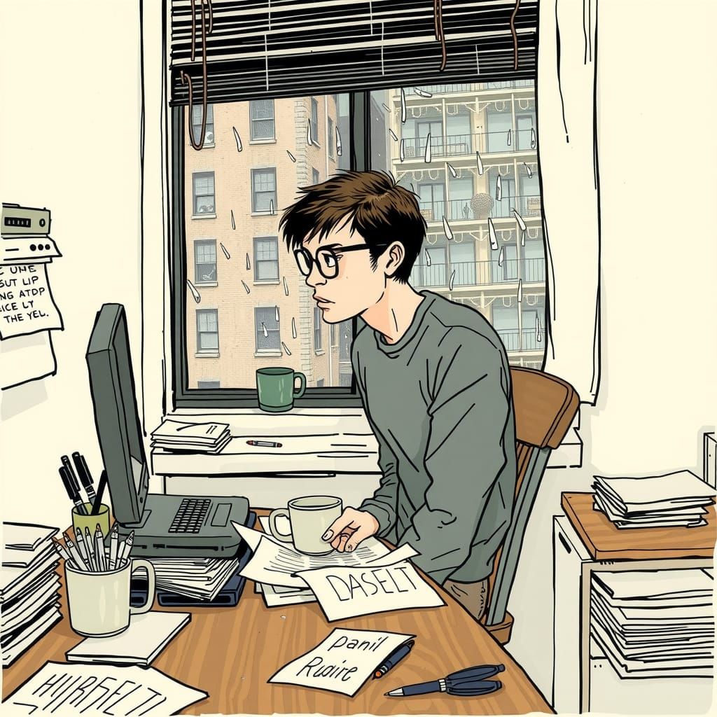 Introspective Man in Urban Studio, Graphic Novel Illustratio...