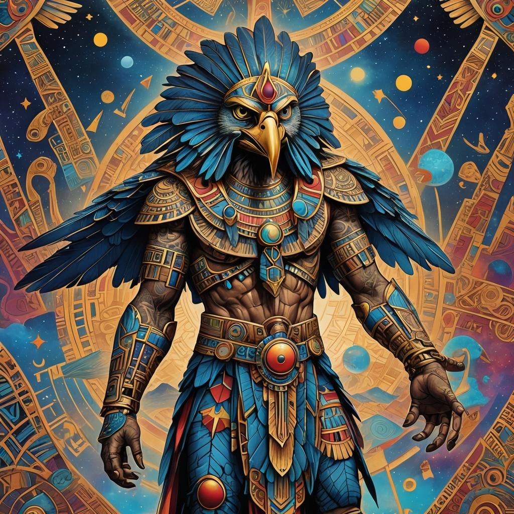 Psychedelic Horus with Tribal Tattoos in Astral Setting